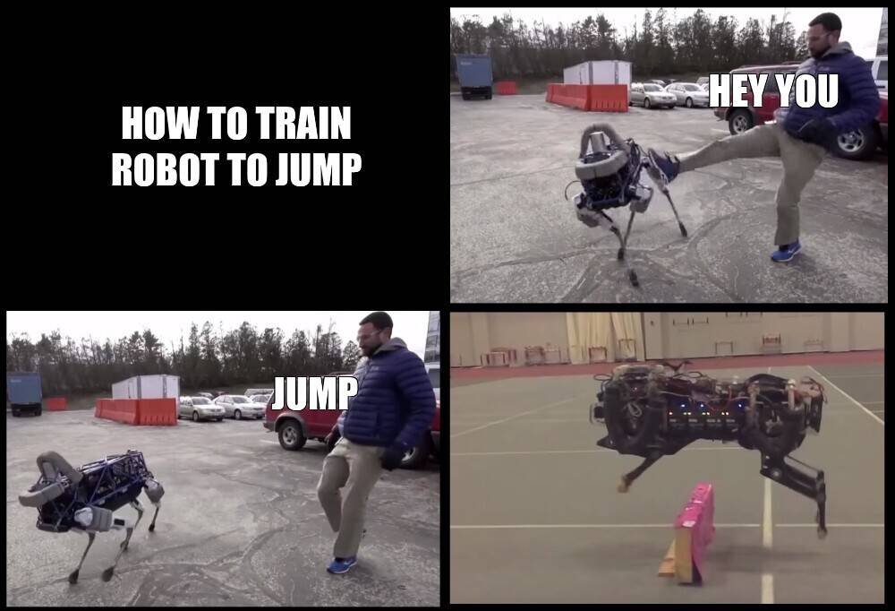 meme that shows how a man kicks a robot to force it to jump